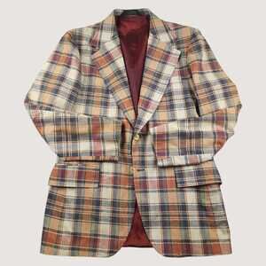 Vtg 70s Indian Madras Plaid Sport Coat Jacket Mens 42L Wide Lapel Ivy Prep Sack